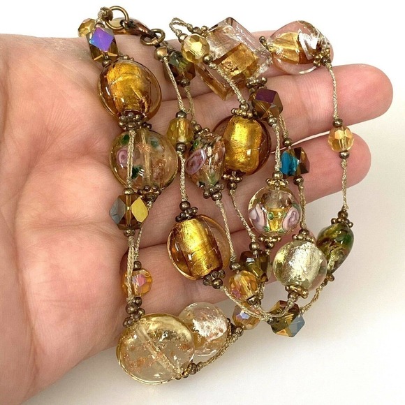 Necklace Amber Floral Lampwork Glass Beaded Necklace Pretty Bohemian Chic 30” - Picture 1 of 12